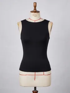Detailed view of a black sleeveless elastic slim fit vest top displayed on a dress form.