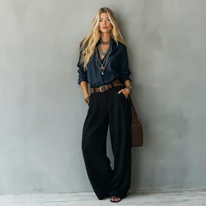 Women's high-waisted wide-leg suit trousers with elegant drape and loose fit