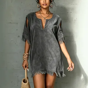 Boho style grey faux suede tassel dress with V-neck and cut-out shoulders for summer