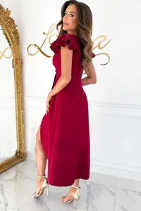 Side view of elegant burgundy ruffle sleeve dress with asymmetrical high-low hem