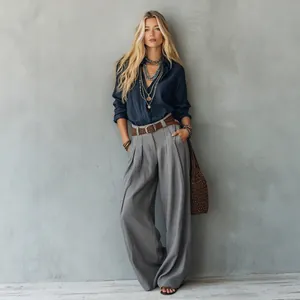 Women's high-waisted wide-leg trousers in gray, drapey and loose fit casual suit pants