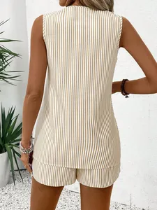 Back view of a women's khaki and white striped sleeveless vest and high waist shorts set.