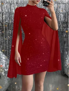 Elegant red ribbed bodycon dress featuring a sparkly chiffon cape sleeve design for party