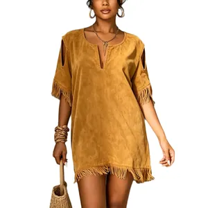 Chic bohemian brown suede mini dress featuring fringe details cold shoulder and V-neckline