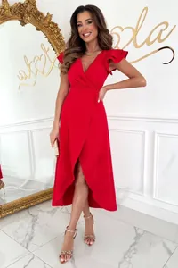 Full-length view of an elegant red V-neck dress with ruffle sleeves and an asymmetric hem.