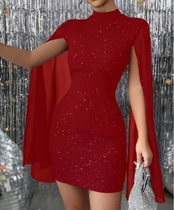 Elegant red bodycon dress featuring sparkling details and flowing chiffon cape sleeves.