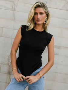 Detail of a slim fit sleeveless crew-neck rib knit tank top in classic solid black