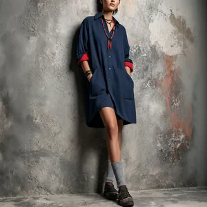 Lockeres marineblaues Colorblock Hemdblusenkleid mit Reverskragen und langen Ärmeln