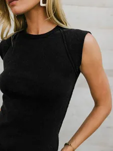 Close-up of a women's black ribbed knit sleeveless crew neck tank top with slim fit.