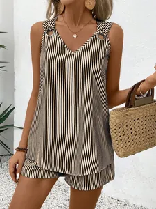 Detailed view of the striped V-neck sleeveless top and shorts set with metal rings