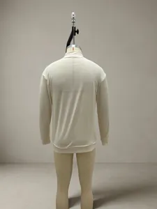 Back view detail of a cream-colored long-sleeve wool blend knit polo shirt for men