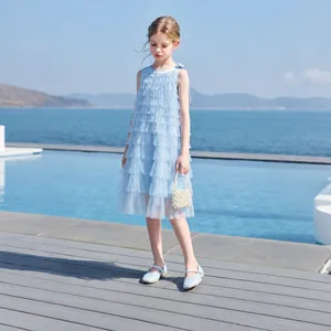 Light blue tiered tulle sleeveless princess dress for young girls in summer