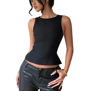 Elegant black sleeveless slim fit peplum tank top for women summer streetwear chic