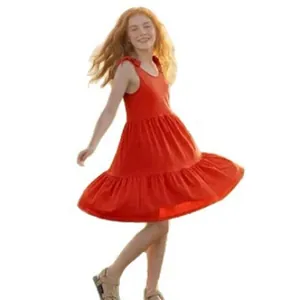 Vibrant red sleeveless tiered summer dress for girls with adjustable shoulder bow ties