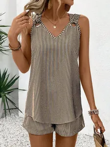 Striped sleeveless V-neck tank top and matching shorts set with metal ring details