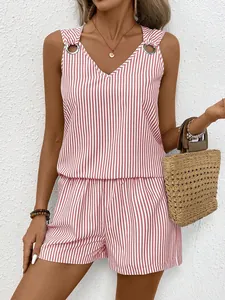 Detail of pink striped sleeveless V-neck tank top and shorts set with metal rings