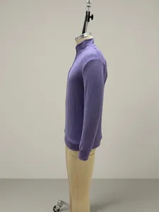 Side view of purple quarter-zip long sleeve men's casual polo shirt on a mannequin.