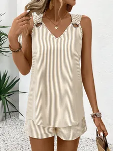 Detailed view of striped V-neck sleeveless top and high-waist shorts set for women