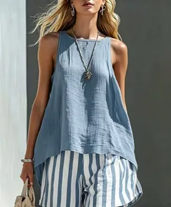 Relaxed fit blue sleeveless cotton linen tank top for women with a minimalist aesthetic
