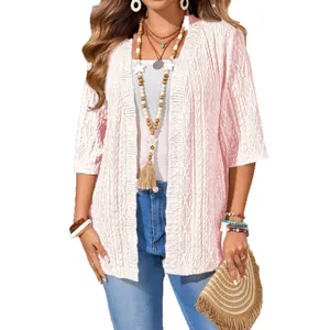 Eleganter rosa Strick-Cardigan für Damen mit lockerem Lochmuster und offenem Vorderteil-Design