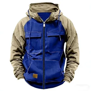 Men's hooded patchwork workwear hoodie with multiple pockets and full zipper design.