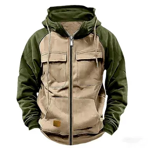 Front detail of men's cargo hooded sweatshirt with multi-pockets and two-tone design