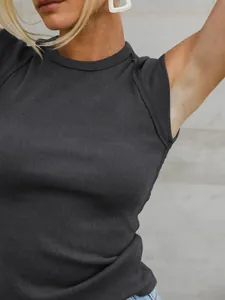 Close-up of charcoal grey ribbed knit sleeveless tank top showing fabric texture