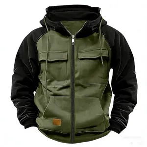 Men's tactical hooded sweatshirt in olive green and black with multiple utility pockets