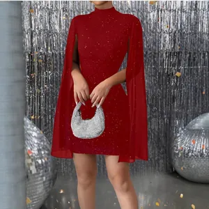 Elegant red sparkly bodycon mini dress featuring chiffon cape sleeves for party wear