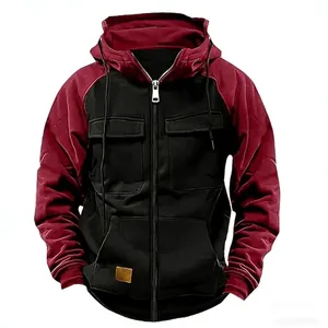 Men's hooded color-block zip-up sweatshirt with multi-pockets and workwear patch detail