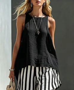 Women's black sleeveless cotton linen tank top with loose fit and crinkle texture