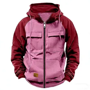 Front detail view of a men's cargo zip-up hoodie featuring maroon sleeves and multi-pocket design