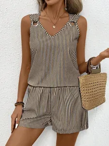 Chic black and beige striped sleeveless V-neck top with matching high-waisted shorts