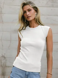 Detailed view of a white ribbed sleeveless knit top with a slim fit and classic round neck design