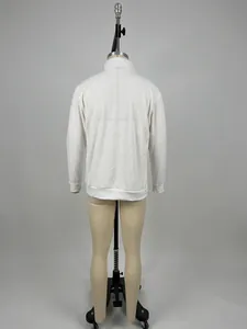Back view of a white long sleeve men's casual polo shirt in soft wool blend fabric.