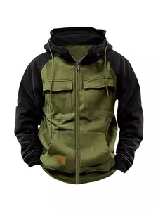 Sudadera cargo con capucha bicolor para hombre con bolsillos y cremallera verde