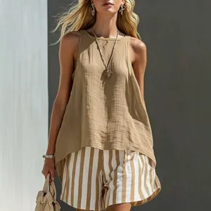Women Casual Linen Blend Sleeveless Round Neck Top And Vertical Striped Shorts Two Piece Set Summer Loose Beach Outfits