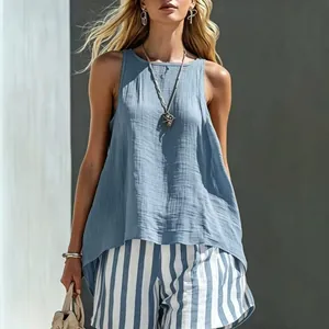 Loose fit sleeveless cotton linen top in dusty blue for women's casual summer wear