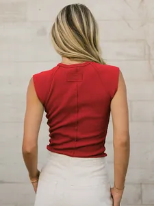 Detailed back view of a slim fit red sleeveless ribbed knit tank top for stylish women