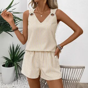 Women's Striped V-Neck Sleeveless Vest Top And Bottom Set Casual Two Piece Shorts Outfit With Metal Ring Accents Summer Vacation