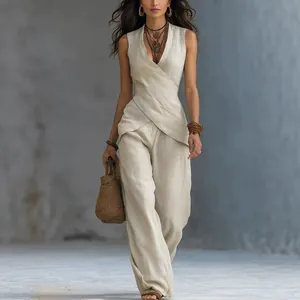 Conjunto de Ropa para Mujer Moda Conmutar Casual Cuello en V Cruzado Top Y Bottom Poliéster Tejido Sin Mangas Pantalones de Pierna Ancha para Diario