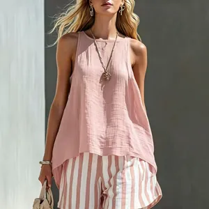 Stylish pink cotton linen sleeveless top with striped shorts for a casual summer look