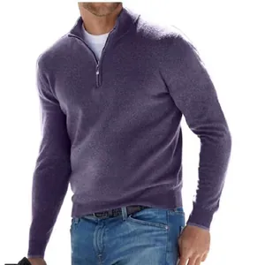 Detailed view of a men's purple long-sleeve knit polo sweater with a quarter-zip design