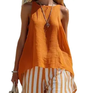 Vibrant orange cotton linen sleeveless loose fit top for women summer casual wear