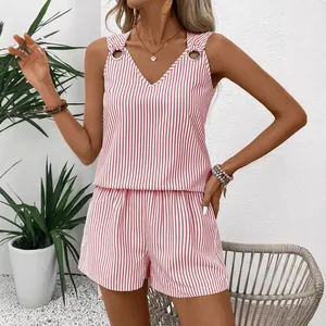 Pink and white striped V-neck tank top and high waist shorts set with metal rings