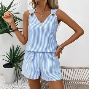 Blue and white striped two-piece set with metal ring V-neck top and shorts