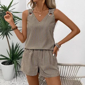 Casual striped V-neck sleeveless tank top and high-waist shorts set for women