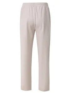 Back view of beige waffle knit straight-leg casual trousers with elastic waistband