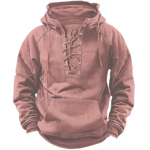 Detailed front view of men's vintage American style lace-up hoodie in dusty rose color