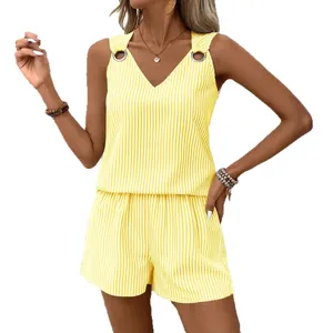 Women's yellow striped two-piece set with V-neck metal buckle tank top and shorts.